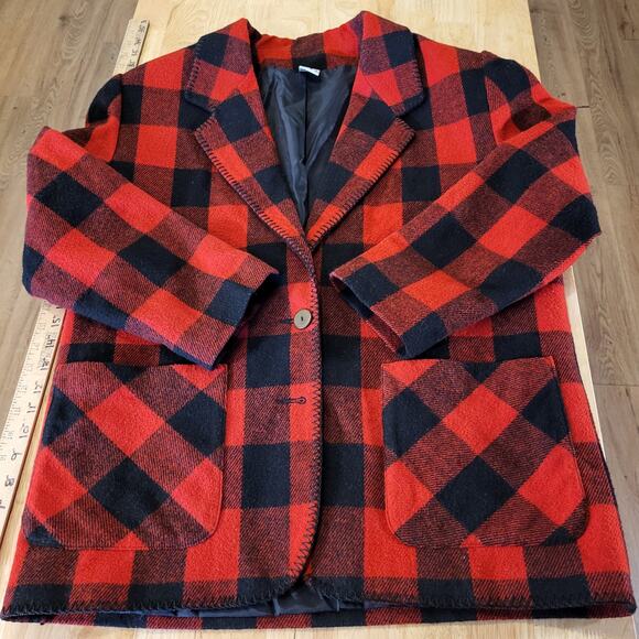 Red buffalo plaid wool felt Blazer blanket stitch Edge vintage pockets 23" p2p - Picture 3 of 11